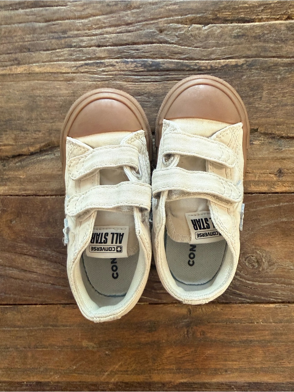 Converse Kids Velcro Sneakers in Cream with Tan Toe Cap